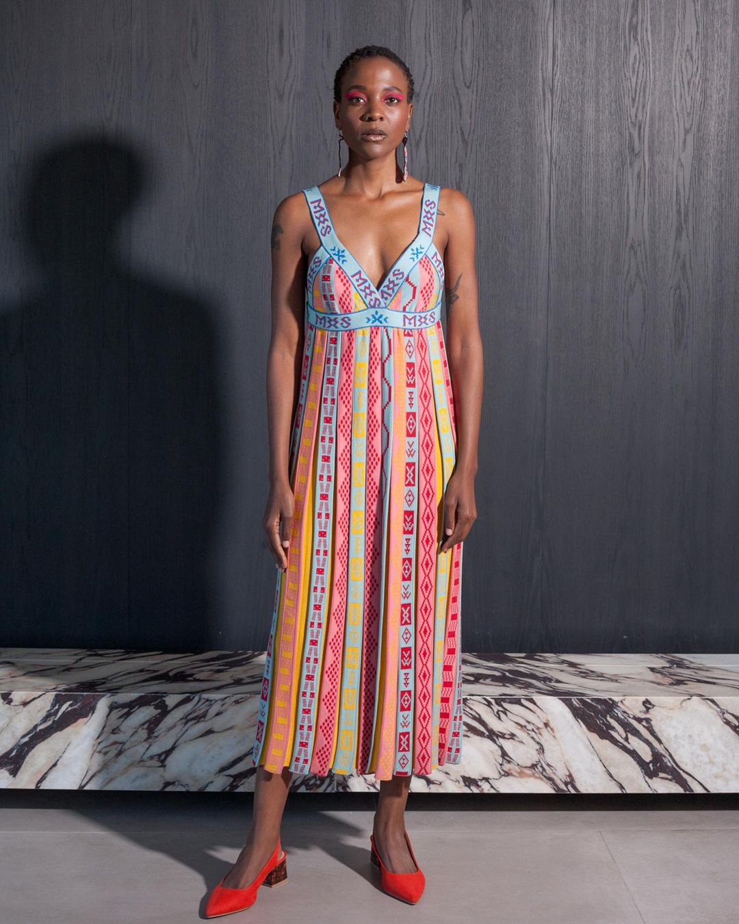 A pink, peach and yellow print gown from Maxhosa - a south African loungewear brand